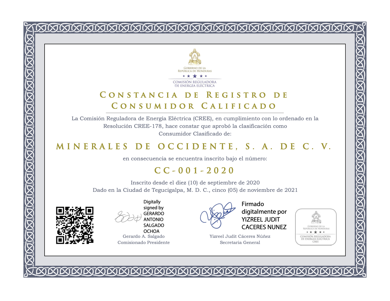 Constancia de Registro de Consumidor Calificado Minerales de Occidente