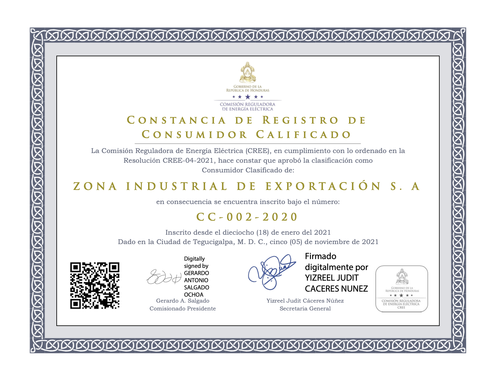 Constancia de Registro de Consumidor Calificado Zona Industrial de Exportación