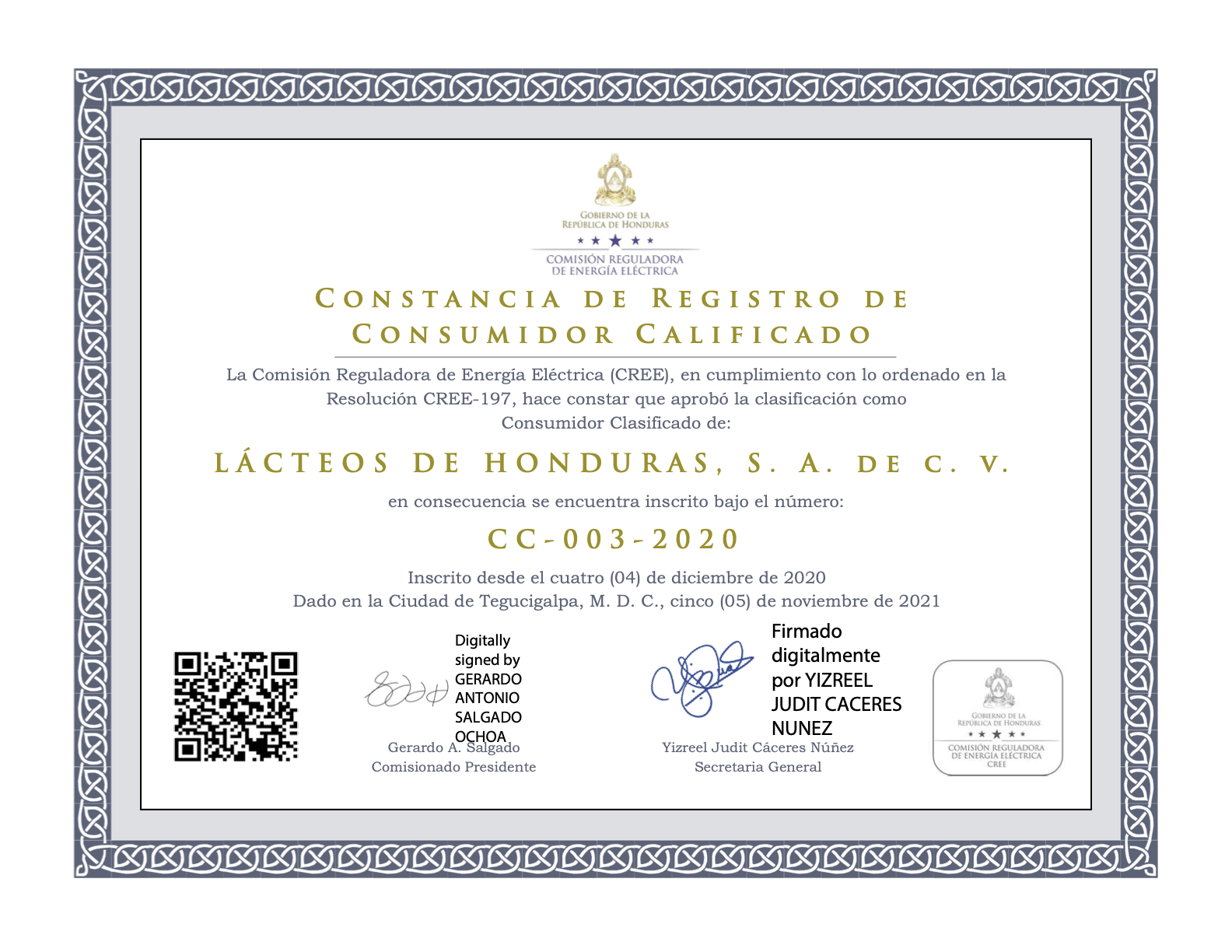 Constancia de Registro de Consumidor Calificado Lácteos de Honduras