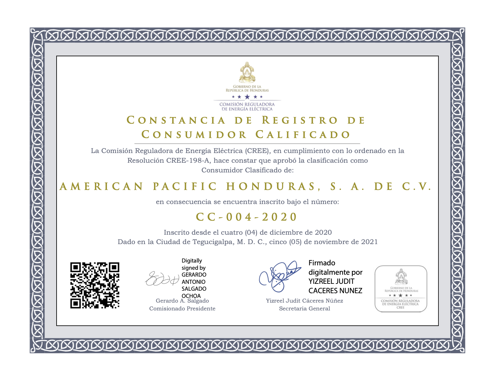 Constancia de Registro de Consumidor Calificado American Pacific Honduras