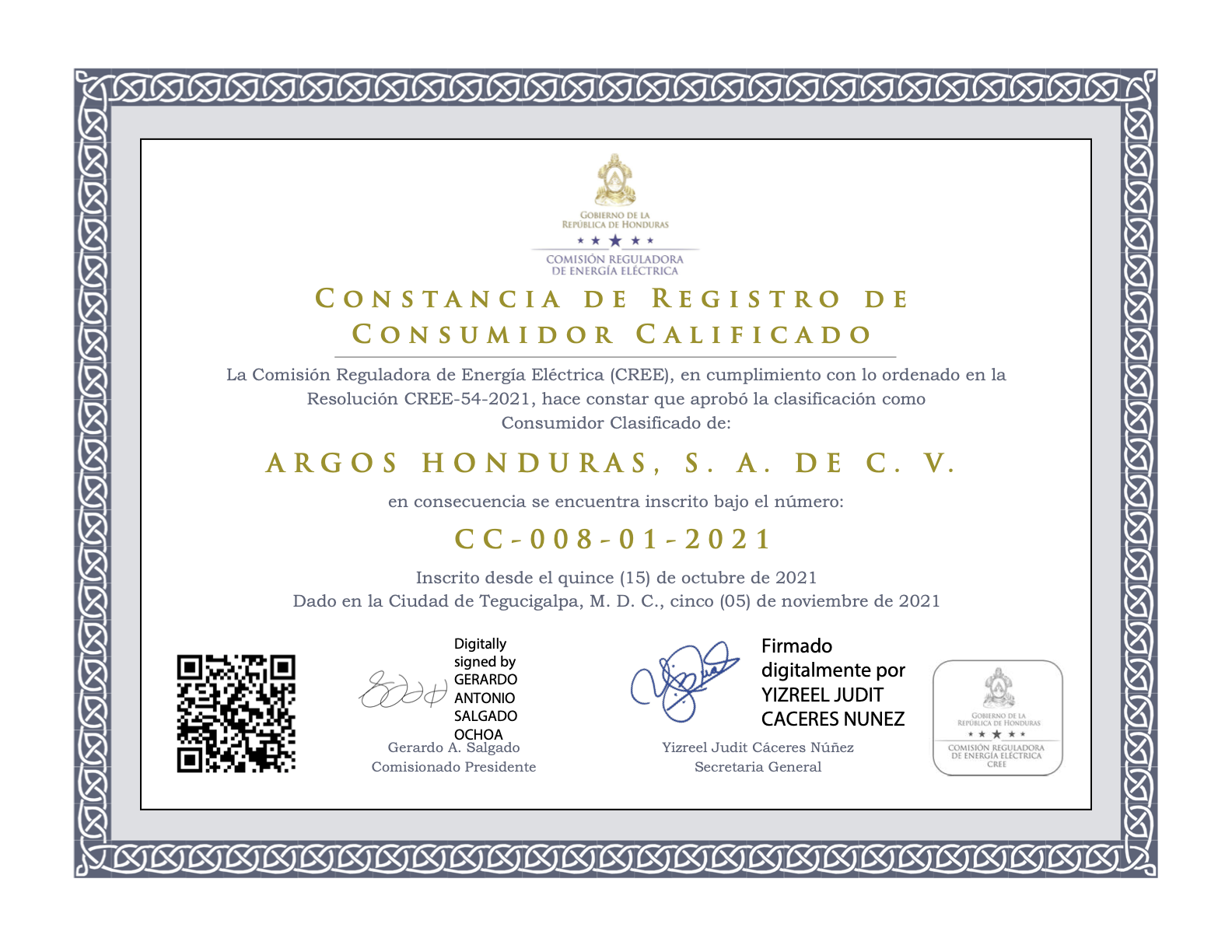 Constancia de Registro de Consumidor Calificado Argos Honduras