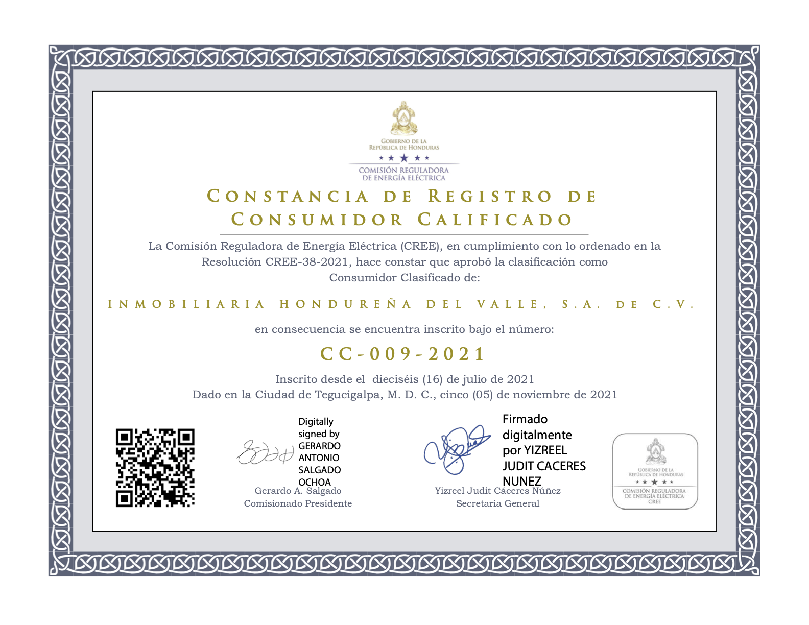 Constancia de Registro de Consumidor Calificado Inmobiliaria Hondureña del Valle